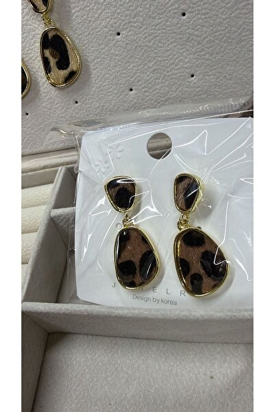 zerzembe Minimal Leopar Desenli Sallantılı Lüx Kadın Küpe