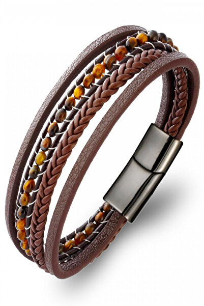 OSMANLI GÜMÜŞ Men's Leather Bracelet with Tiger's Eye Natural Stone Brown Mul...