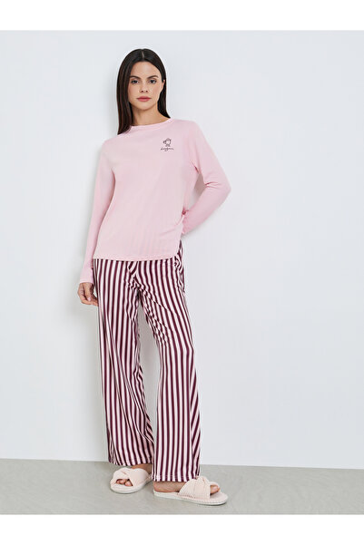 Styli Women Pink Long Sleeve T-Shirt and Striped Pyjama Set