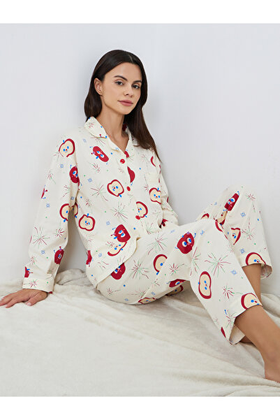 Styli Women Graphic Printed Buttoned Shirt and Pyjama Set
