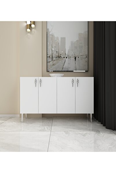 morepp Vera 120 cm Konsol , Tv Ünitesi, Çok Amaçlı Dolap Beyaz-Gümüş