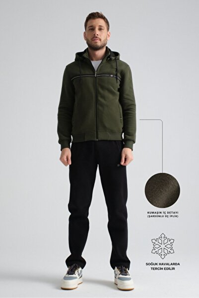 Shooter Sportswear Khaki Men's Winter Tracksuit Set, Three-Thread Hooded Regu...