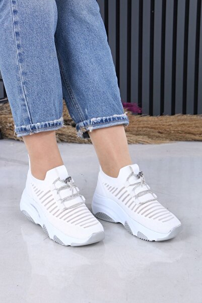 sefayol Γυναικεία αθλητικά παπούτσια Joella White Knitwear με πέτρινα κορδόνια