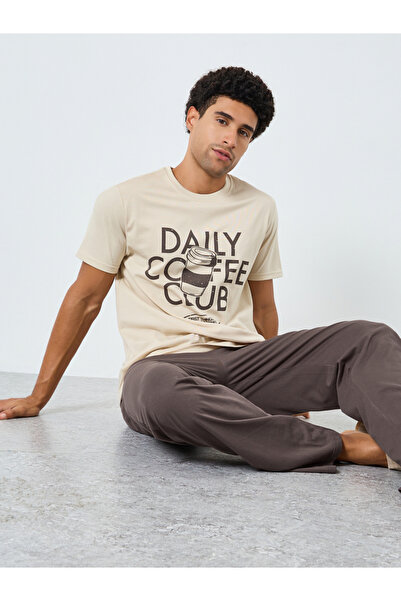 Styli Men Beige Graphic Print T-Shirt and Pyjama Set