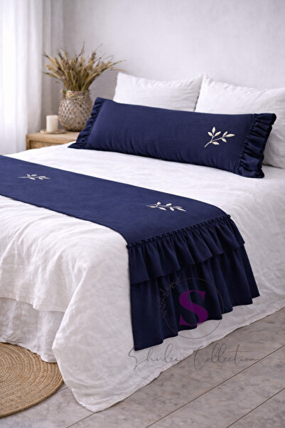 shules collection Embroidered Navy Blue Buldan Bed Runner & Inner Filled Thro...