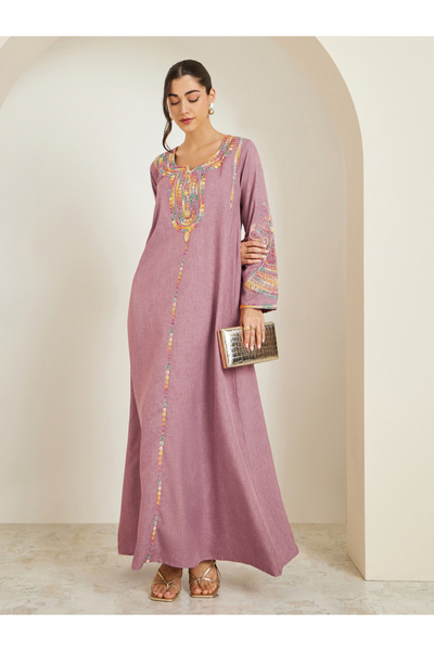 Styli Women Pink Embroidered A-Line Jalabiya