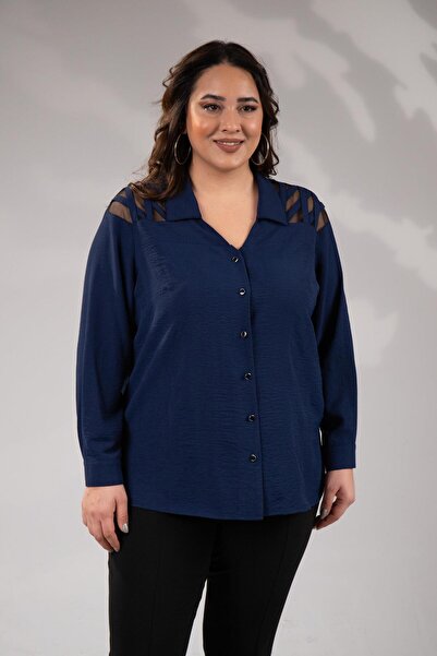 Roxxlen Büyük Beden Kadın Omuz Detaylı Gömlek Siyah