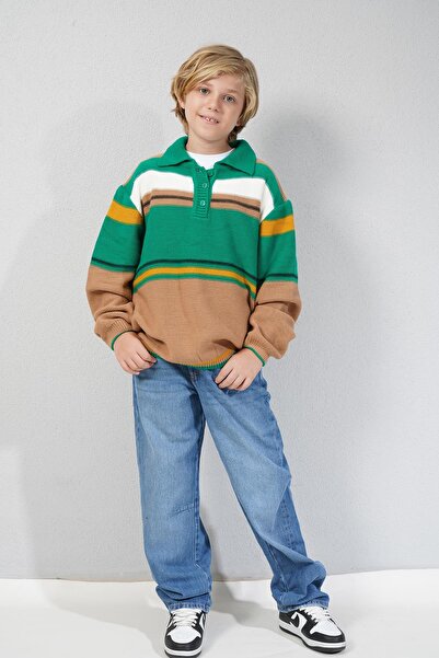 HayKids Pulover tricotat cu guler polo pentru băieți cu dungi - G152782 - Verde