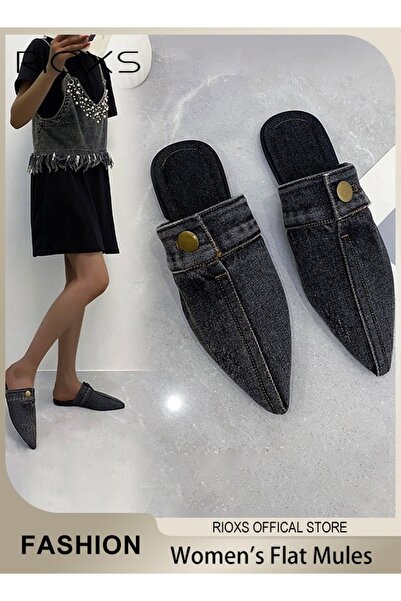 RIOXS Women's Flat Mules, Denim Clogs Mule Shoes, Closed Pointed Toe Loafers ...