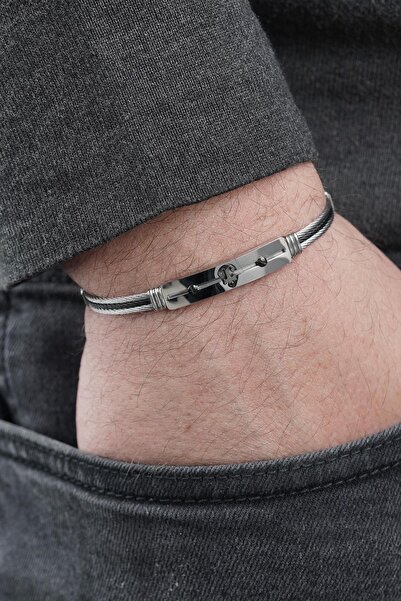 FRNCH 316L Çelik İtalyan Model Çapa Figürlü Gümüş-Siyah Renk Erkek Bileklik F...