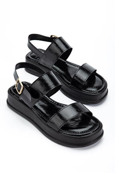 RİSSOLİ Women's Black Wrinkled Patent Leather Double-Strapped Side Buckle Det...