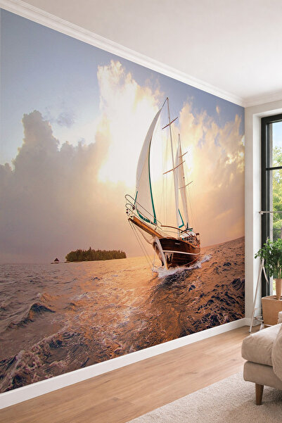 dreamwall Gün Batımı ve Yelkenli - Deniz Manzaralı Tek Parça Tekstil Duvar Ka...