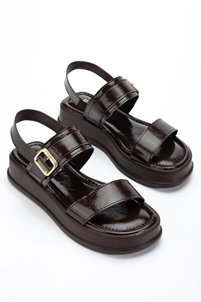 RİSSOLİ Women's Bitter Brown Wrinkled Patent Leather Double-Strap Buckle Deta...