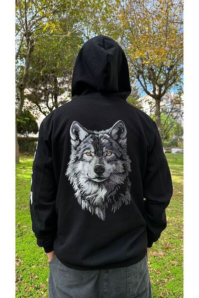 AYDESİGN Turkish Bozkurt Sleeve Print Detailed Black Hooded Sweatshirt with T...