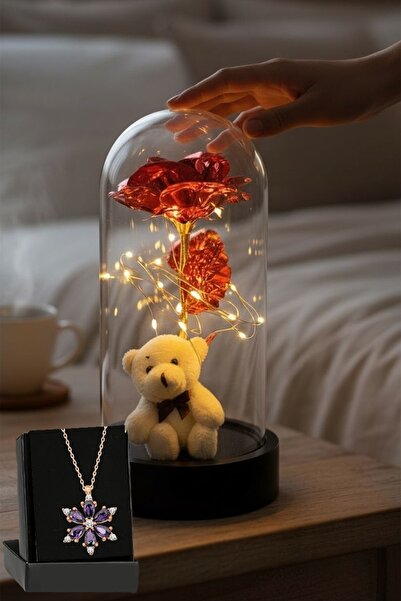 Lapidaria Beyaz Ayıcık ile Kırmızı Sonsuzluk Güllü Led Işıklı Fanus ve Lotus ...