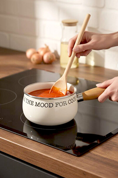 Kitchen Life Food Vibes Bol pentru sos emailat cu mâner din lemn, bol pentru ...