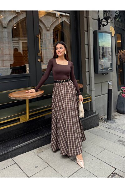 MAESTRO WOMAN Kadın Kahverengi Ekose Kemerli Yırtmaçlı Uzun Etek