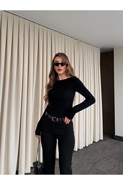 Laluvia Black Crew Neck Long Sleeve Bodysuit - 0098