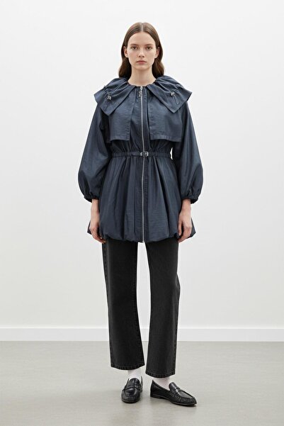 Soul Trench scurt cu glugă și șnur în talie, cu fermoar-32450 - NAVY