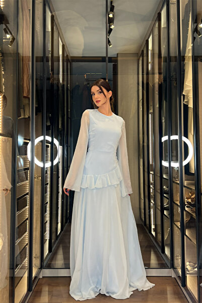 Klex Kadın Şifon Uzun Elbise – Volan Detaylı, Transparan Kollu, Zarif ve Dave...