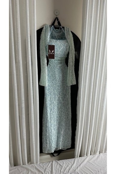 Ora Two-piece sky blue dress with embroidered lace trim