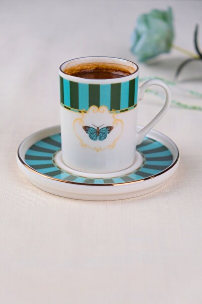 tabakevi طقم فناجين قهوة من البورسلين من تاباك إيفي بتصميم الفراشة مطلي بالذه...