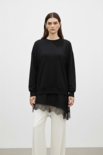 Puane Women's Lace Detailed Long Sleeve Loose Tunic -10766Tun - Black