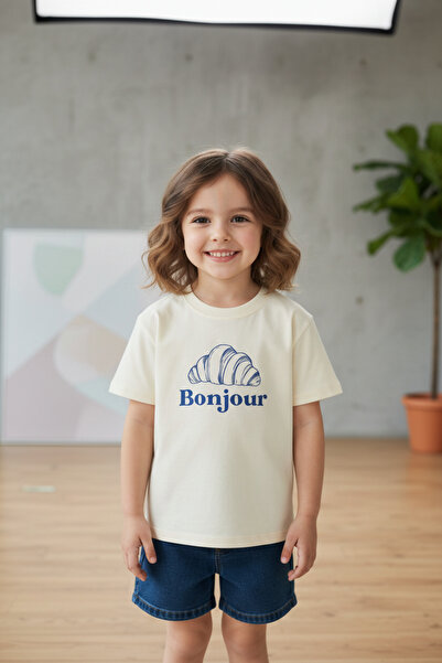 Monila Κοριτσίστικο βαμβακερό μπλουζάκι με στάμπα κρουασάν και λαιμόκοψη ποδη...