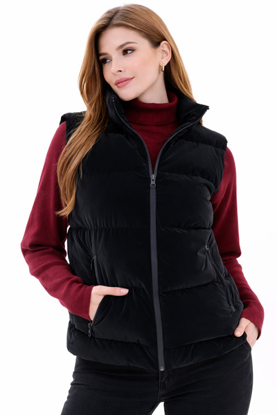 freemen Vestă neagră pentru femei, Nova Fabric, cu guler înalt, căptușită, re...