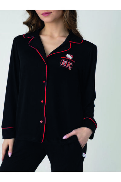 Hello Kitty LİSANSLI ÖNDEN DÜĞMELİ UZUN KOL BASKILI PİJAMA TAKIMI
