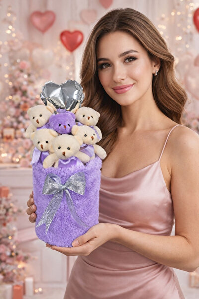 Solemia Sevgililer Günü Hediyesi Lila Peluş Kutuda Kalpli Balonlu 6’lı Ayıcık...