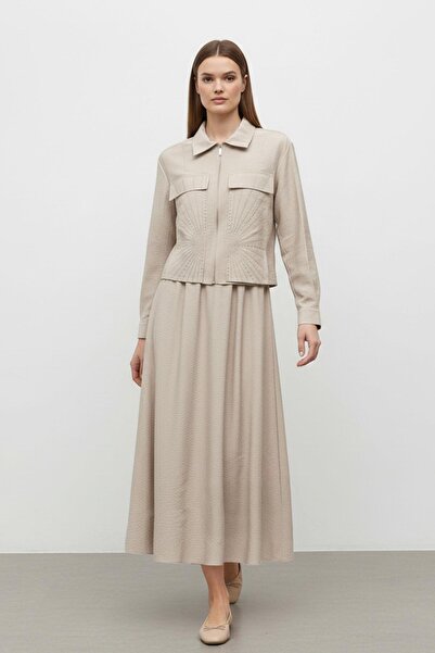 Puane Women's Zippered Collar Stone Detailed Two-Piece Set-14437Tks - Stone