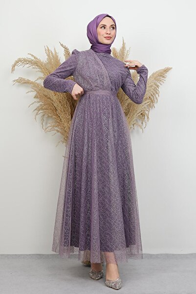 GİYZAMİLA Düş Simli Abiye Koyu Lila