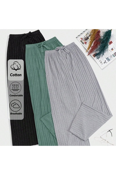 FORVENS 3-Piece Breathable Fabric Ribbon Waist Detailed Printed Pocketless Wo...