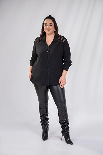 Roxxlen Büyük Beden Kadın Omuz Detaylı Gömlek Siyah