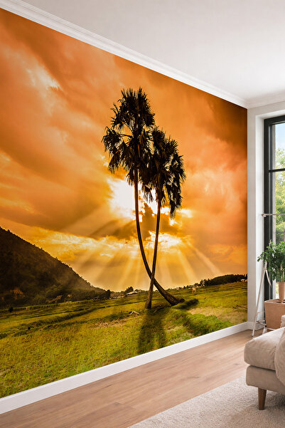 dreamwall Tropikal Gün Batımı ve Palmiyeler - Manzara Temalı Tek Parça Teksti...