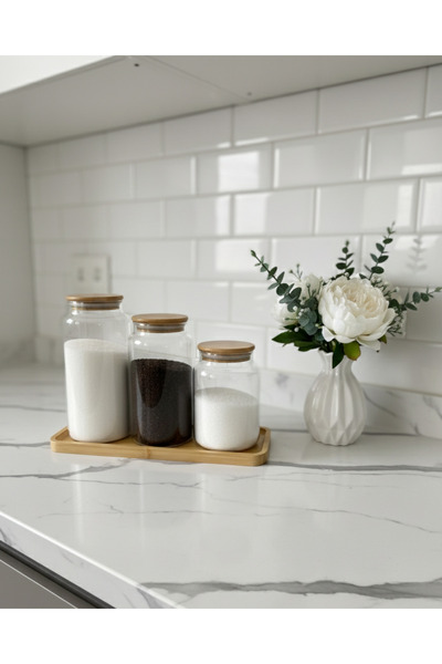 ÖZ HOME Set of 3 Glass Jars with Bamboo Stands and Vacuum Bamboo Lids, 1400 M...