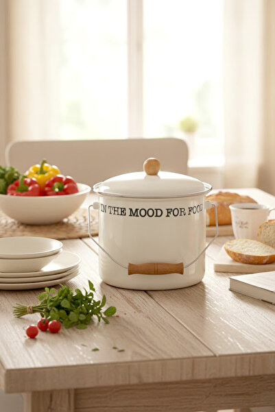 Kitchen Life Food Vibes Mien Oală emailată cu mâner din lemn și capac 18 cm 4...