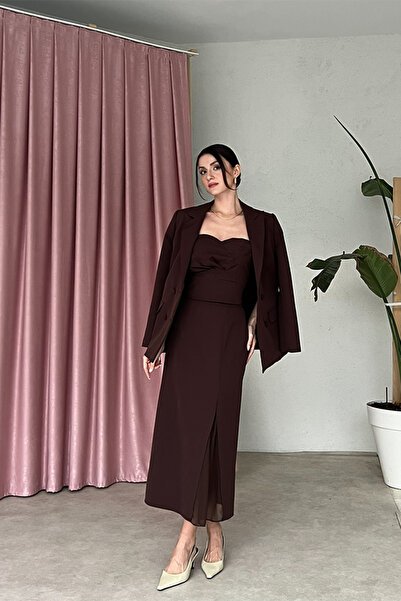 Klex Women's Double-Breasted Blazer Jacket Bustier Midi Skirt Three-Piece Set...