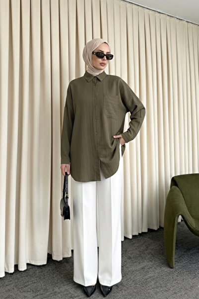 MODAQU Buttoned Crinkle Shirt Tunic - Khaki