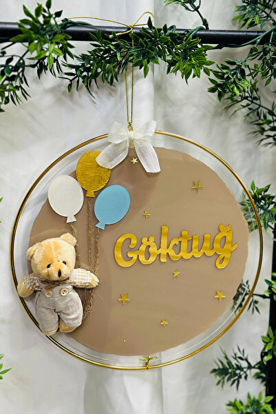 RetroLazer Şeffaf Boyalı Pleksi Ayıcıklı Bebek Kapı Süsü İsimlik Makrome 30x3...