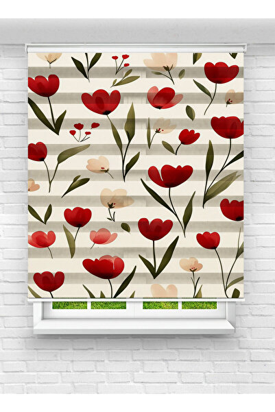 Enzo Home Kırmızı Kalp Çiçek Desenli Baskılı Zebra Perde – Romantik Floral Ta...