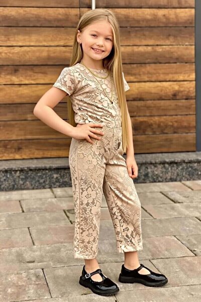 Riccotarz Salopetă bej pentru fete, cu dantelă brodată, din tul transparent, ...