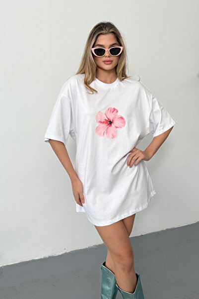 GİYSA Tricou supradimensionat cu imprimeu Lotus, cu gât rotund, pentru femei,...