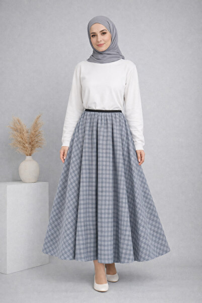 Kirazgym Elastic Waist Plaid Patterned Skirt - Gray