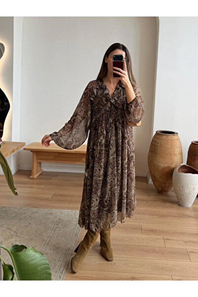 My Blog Brown Ruffled Lined Chiffon Dress - 3359