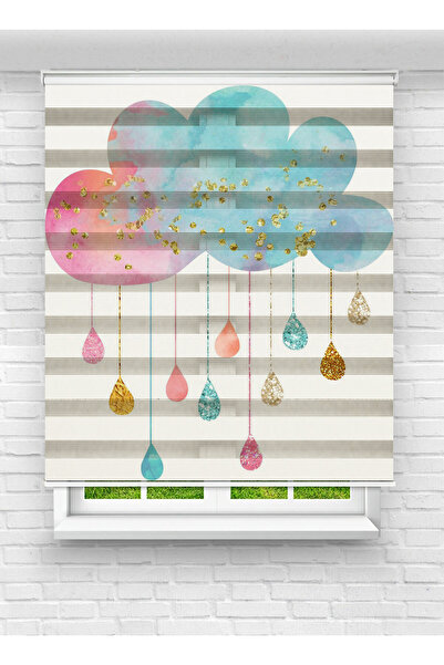 Enzo Home Bulut ve Damla Desenli Zebra Stor Perde | Çocuk Odası Bebek Odası Z...