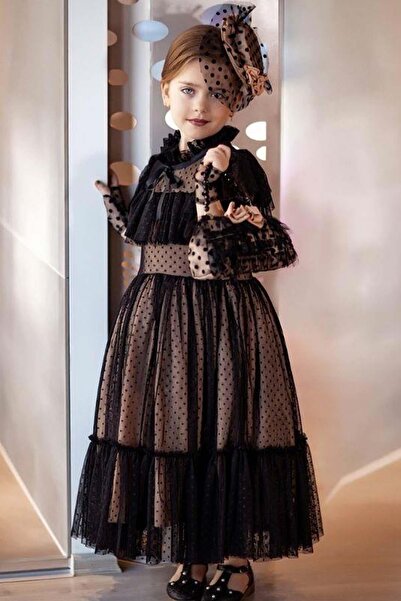 Riccotarz Rochie de seară neagră pentru fete, cu guler tip clovn și volane pl...