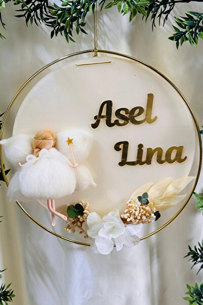 RetroLazer Pleksi Keçe Peri Bebek Kapı Süsü İsimlik Çemberli Makrome 30x30 cm