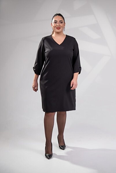 Roxxlen Rochie de damă mărime mare, cu decolteu în V și detaliu la mâneci